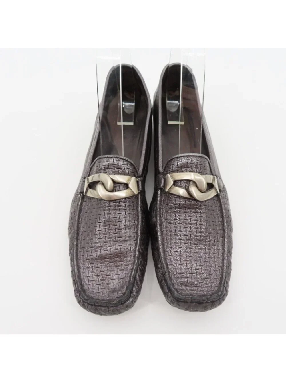 Stuart Weitzman 9.5 SS Pewter Silver Textured Chain Square Toe Loafers Flats